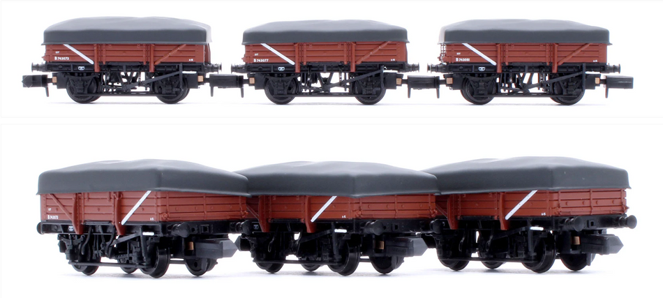 Graham Farish 377-492 5 Plank China Clay 3-Wagon Pack BR Bauxite (Early) with Flat Canopy No.B743073, B743077 & B743081