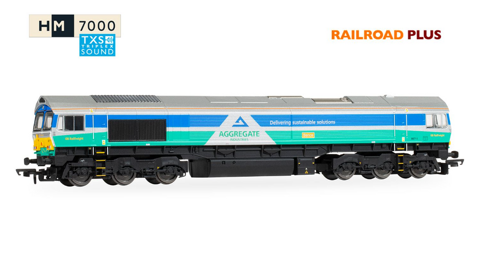 R30428TXS RailRoad Plus: Class 66 - Aggregates Industries - 66711 'Sence' (DCC Sound Fitted)