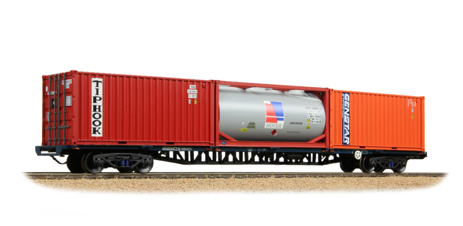 38-628A Bachmann OO Gauge BR FFA Inner Flat BR Blue (TOPS), 2 x 20ft & 1 x Tank ISO Containers