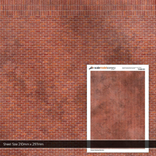 TX100 OO/HO Victorian Weathered Red Brick Texture Paper (x5)