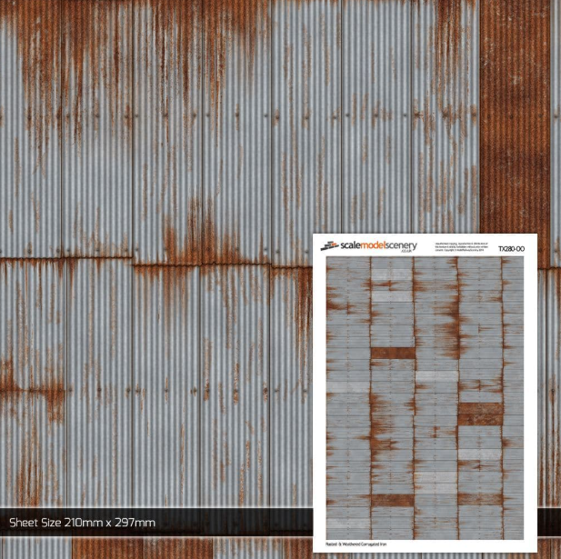 TX280 OO/HO Rusty & Weathered Corrugated Iron Texture Paper (x5)